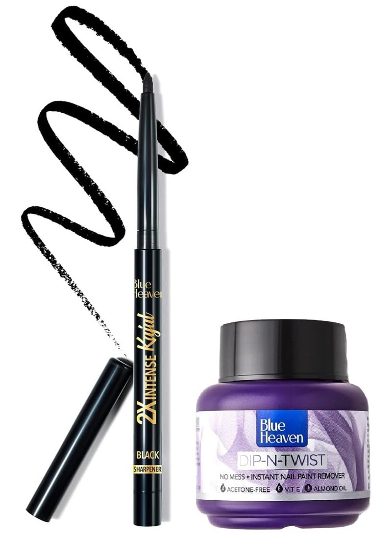 Blue Heaven 2X Intense Kajal Pencil, Black Shock| Waterproof And Smudge Proof Kajal| 0.35Gm & Dip & Twist Nail Paint Remover, 40 Ml, Matte Finish - Image 1